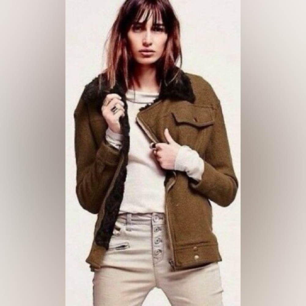 Free People Simple Satute Faux Fur Trim Wool Coat Small